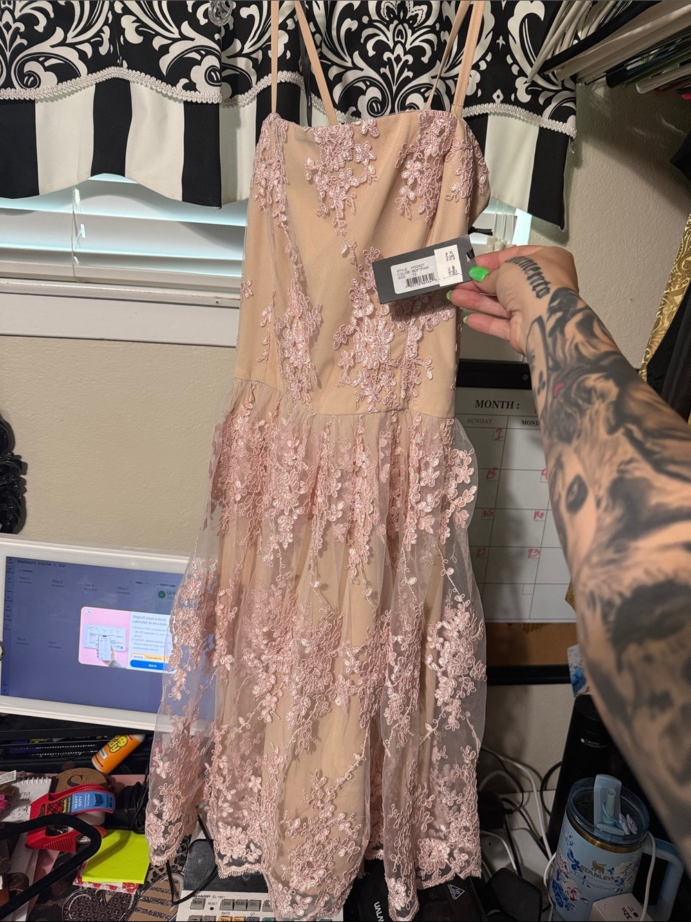 Vera Wang Blush Pink Lace Appliqué Midi Dress